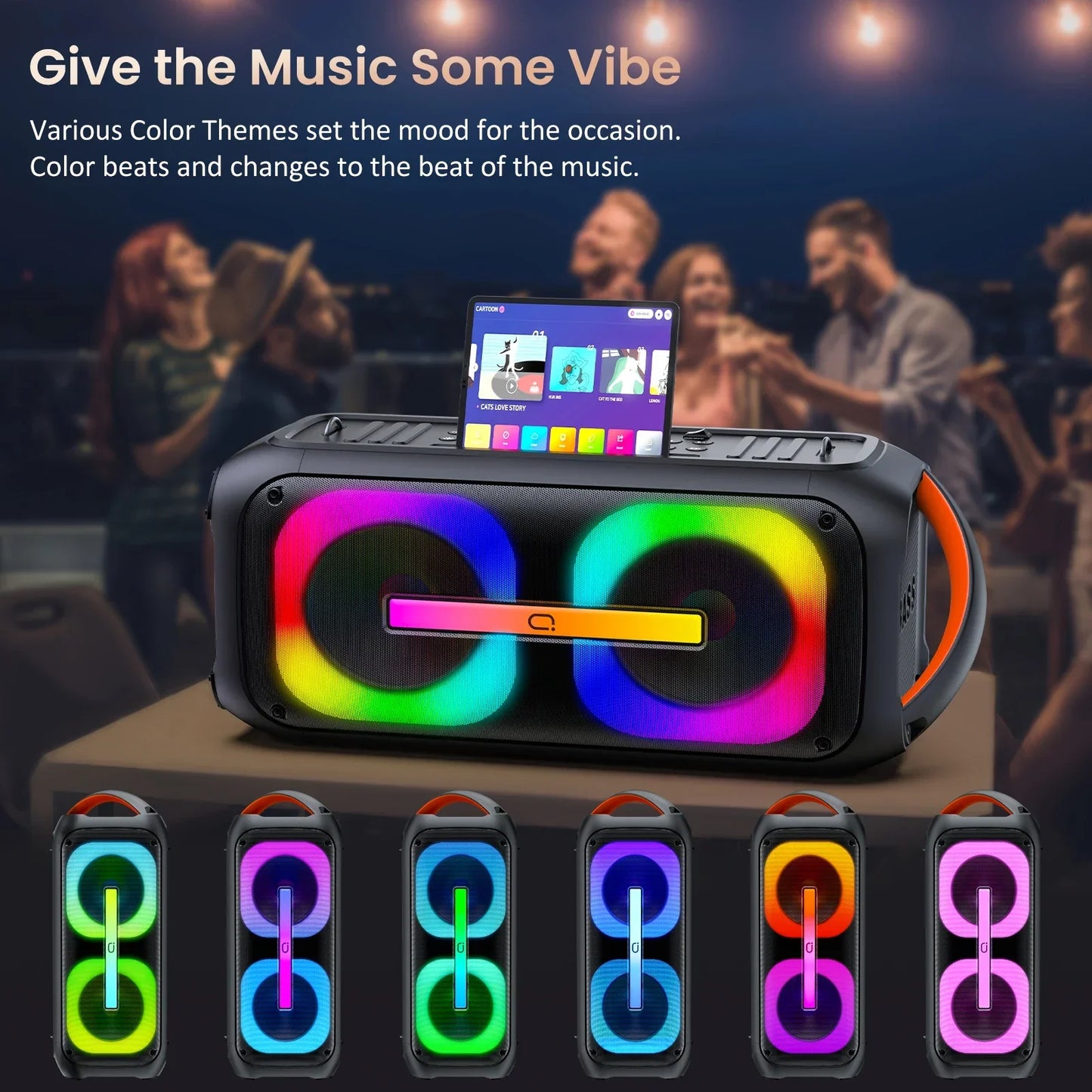 Black and orange karaoke machine with dual 60w led-lit bluetooth party speakers and disco lights matching music beat