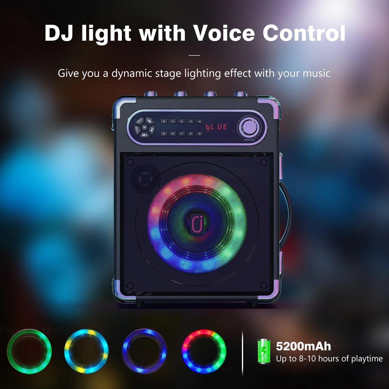 Black portable karaoke machine with colorful led lighting built-in voice control and bass treble adjustment with wireless microphones
