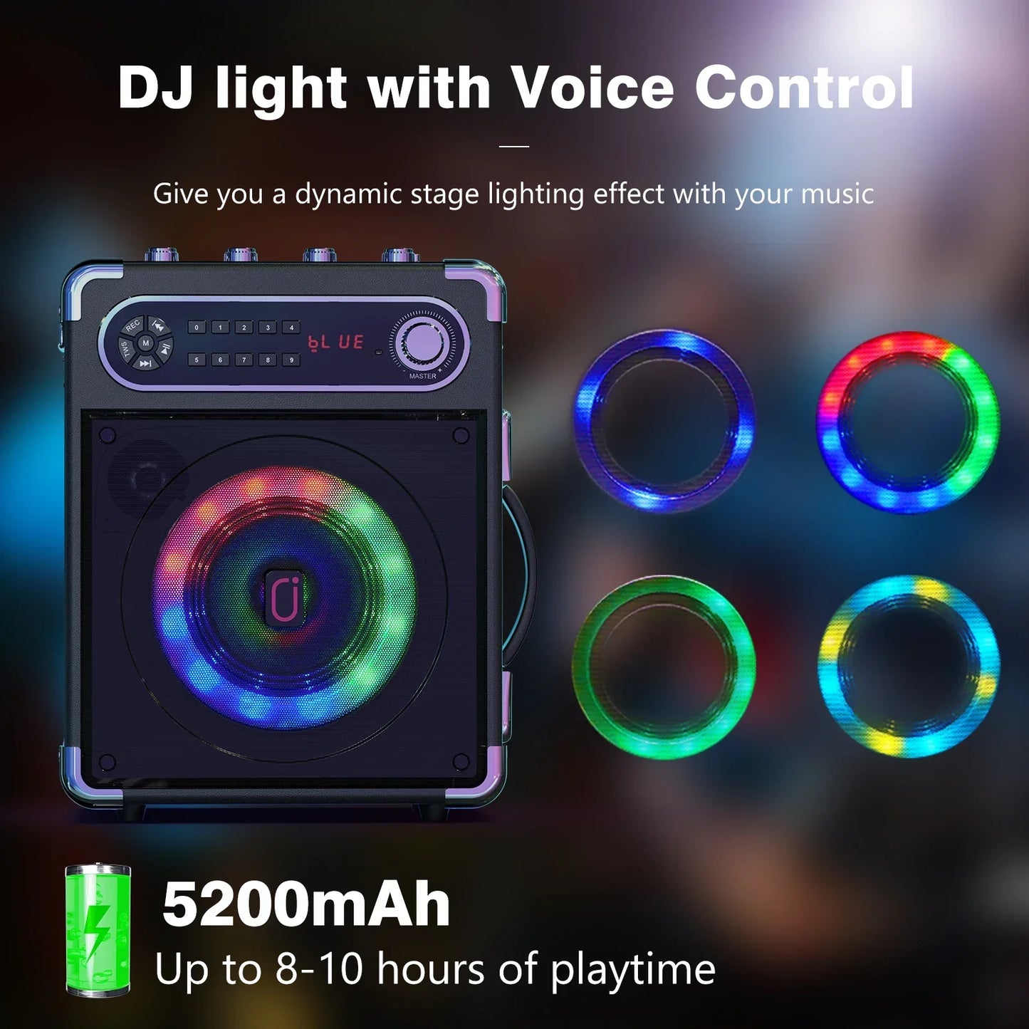 Black portable karaoke machine with colorful led ring lights digital display bass treble adjustment wireless microphones portable