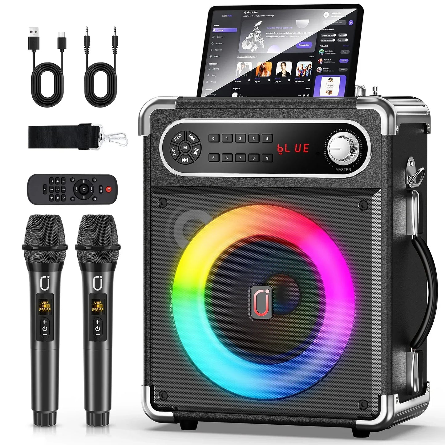 Black and silver portable karaoke machine with rainbow led woofer, built-in touchscreen, wireless microphones, bass treble adjustment