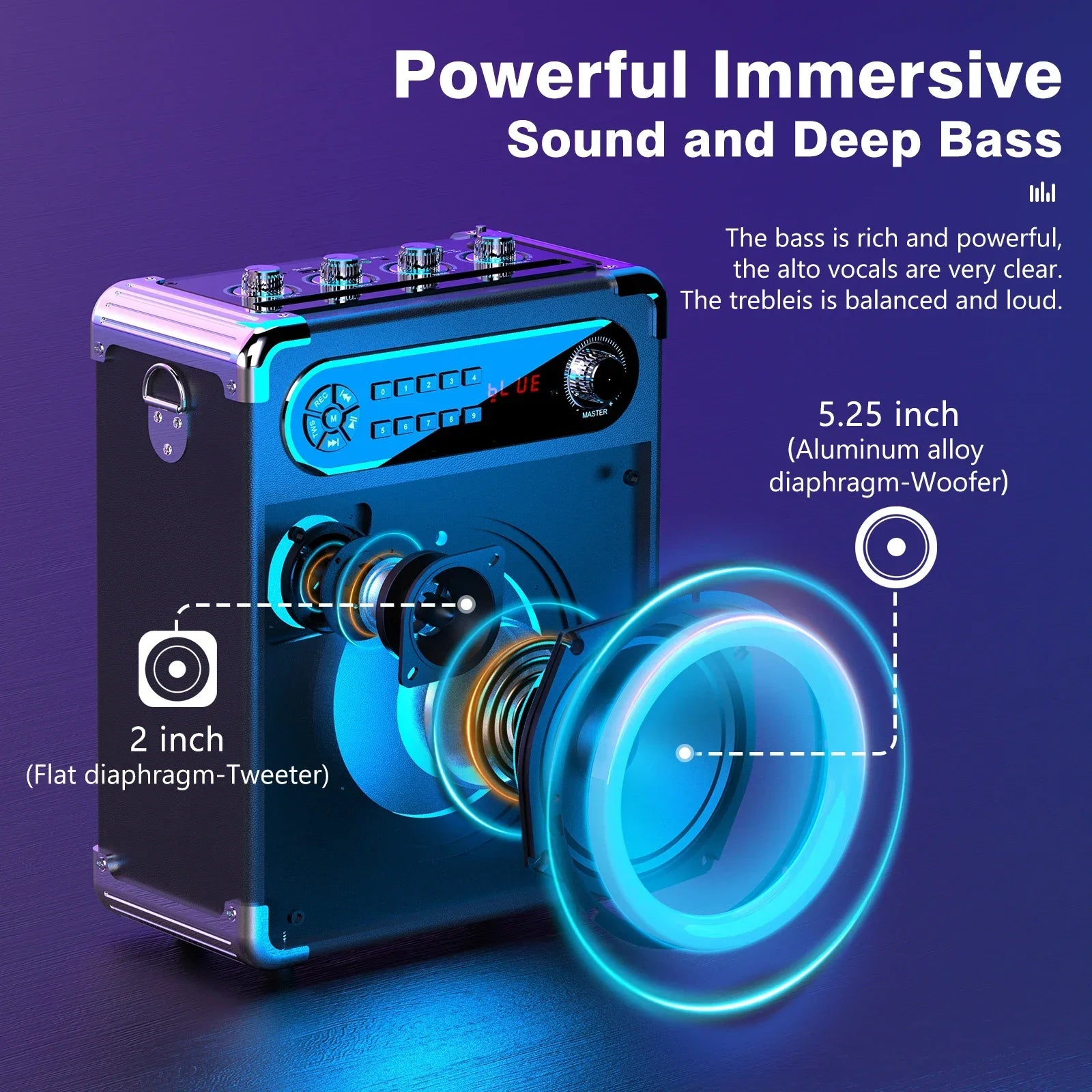 Black and silver karaoke machine with wireless microphones portable featuring blue led lights and bass treble adjustment