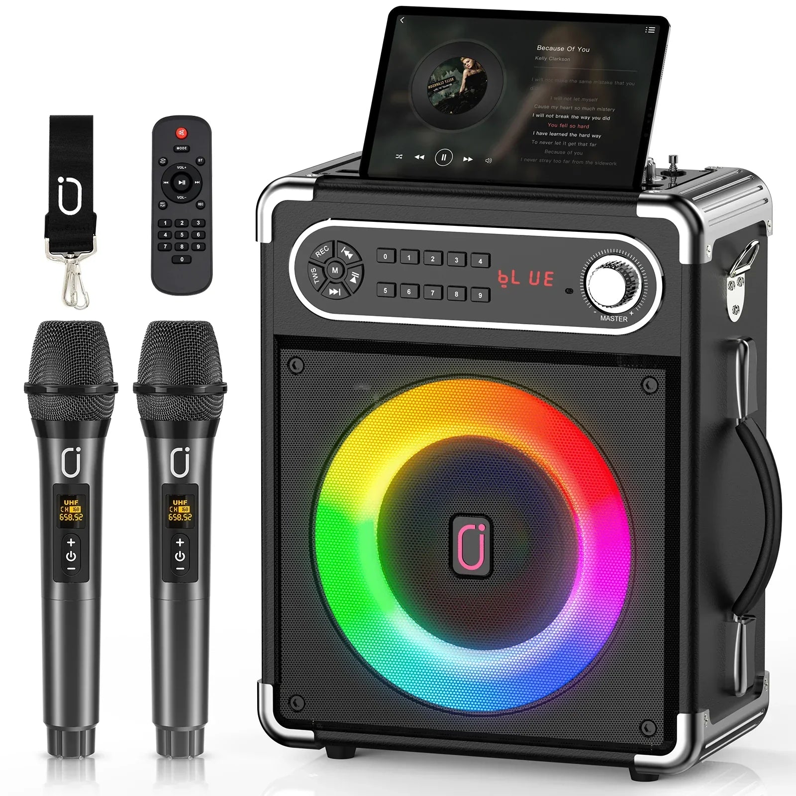 Black and silver karaoke machine with built-in touchscreen, rainbow led lighting, bass treble adjustment, and 2 wireless microphones portable