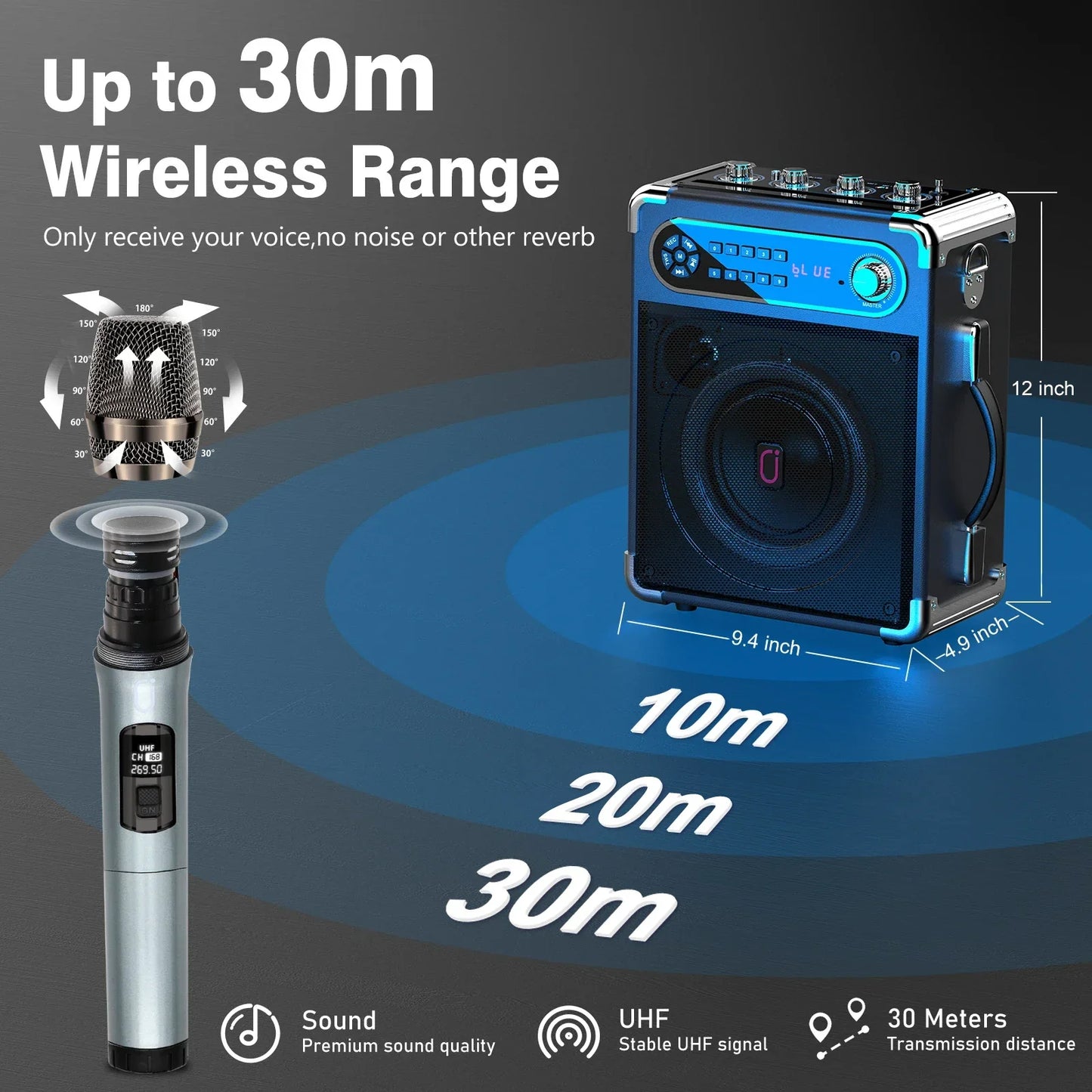 Silver and black wireless microphones portable with digital display and matching portable bluetooth speaker for karaoke machine with bass treble adjustment