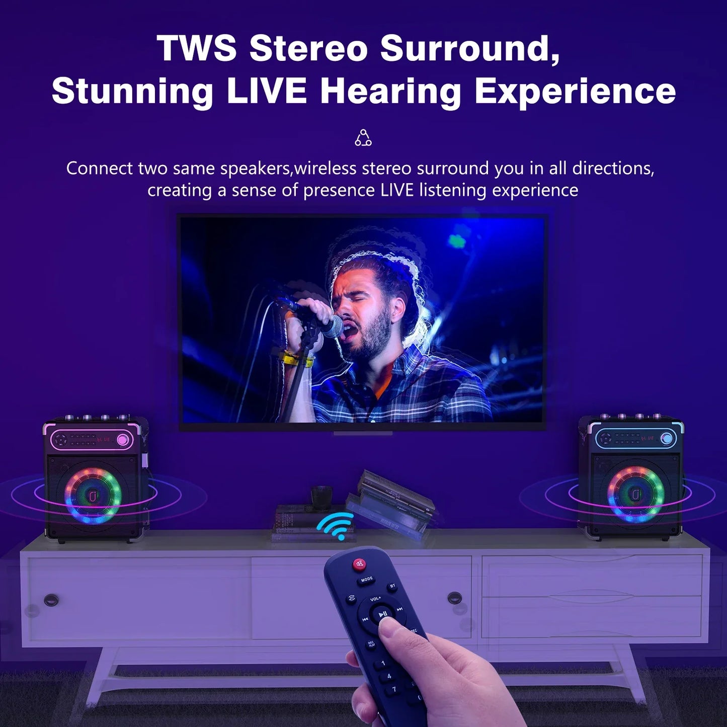 Black wireless stereo speakers with colorful led lights for karaoke machine with wireless microphones portable and bass treble adjustment