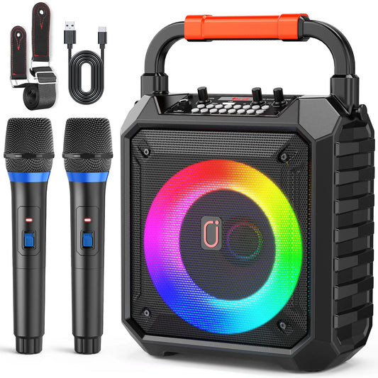 Black portable speaker karaoke machine with orange handle, rainbow led light ring, rugged design, and wireless microphones portable