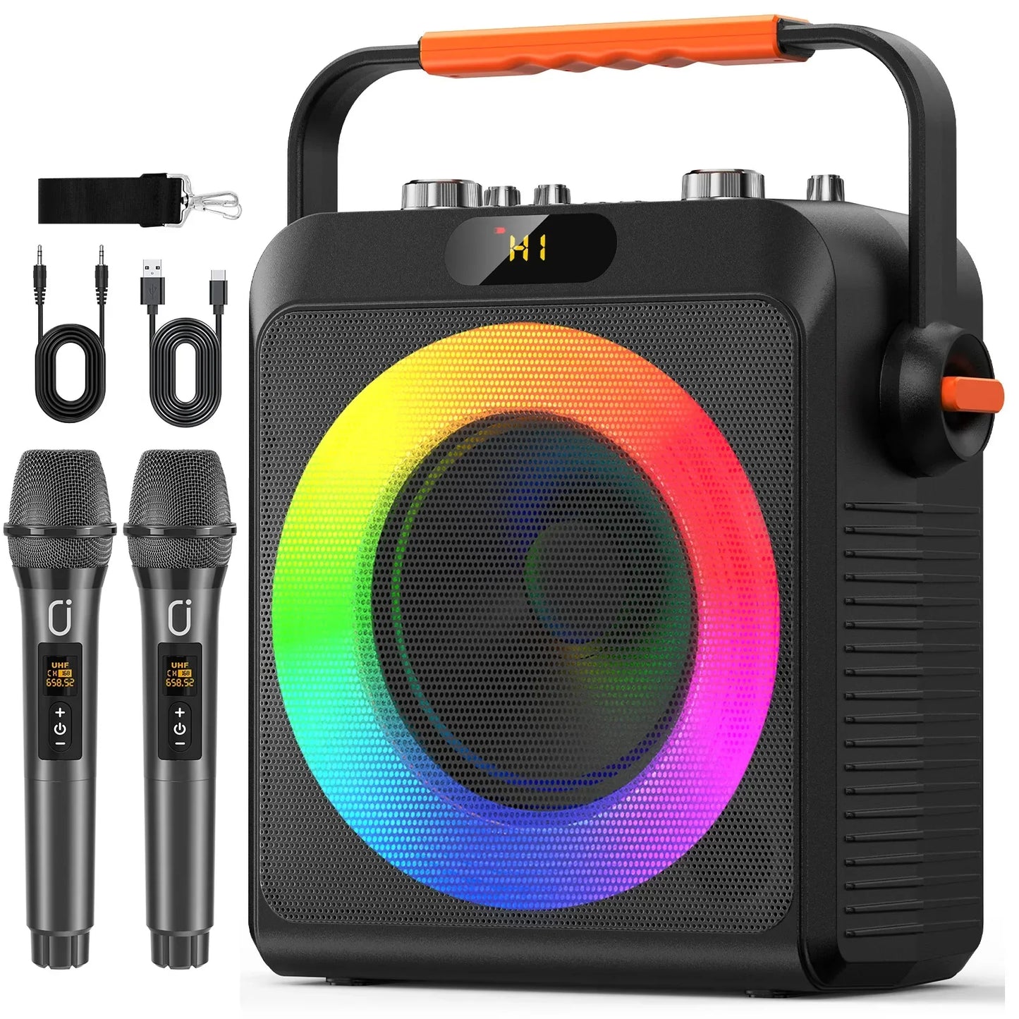 Black karaoke machine portable speaker with vibrant rainbow led ring orange handle digital display showing hi and wireless microphones