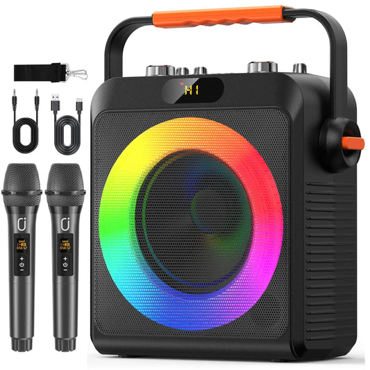 Black karaoke machine with vibrant rainbow led ring, orange handle, digital display showing hi, wireless microphones portable speaker
