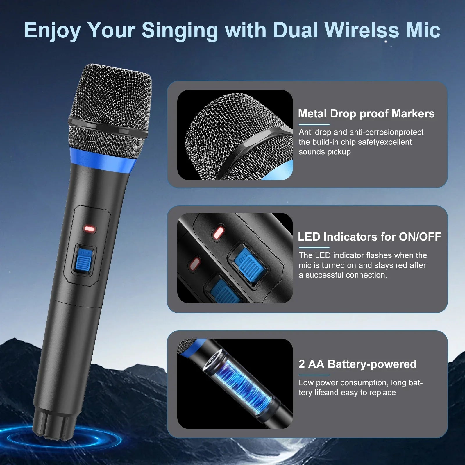 Black wireless microphone with blue accent band and metallic grille for karaoke machine wireless microphones portable speaker