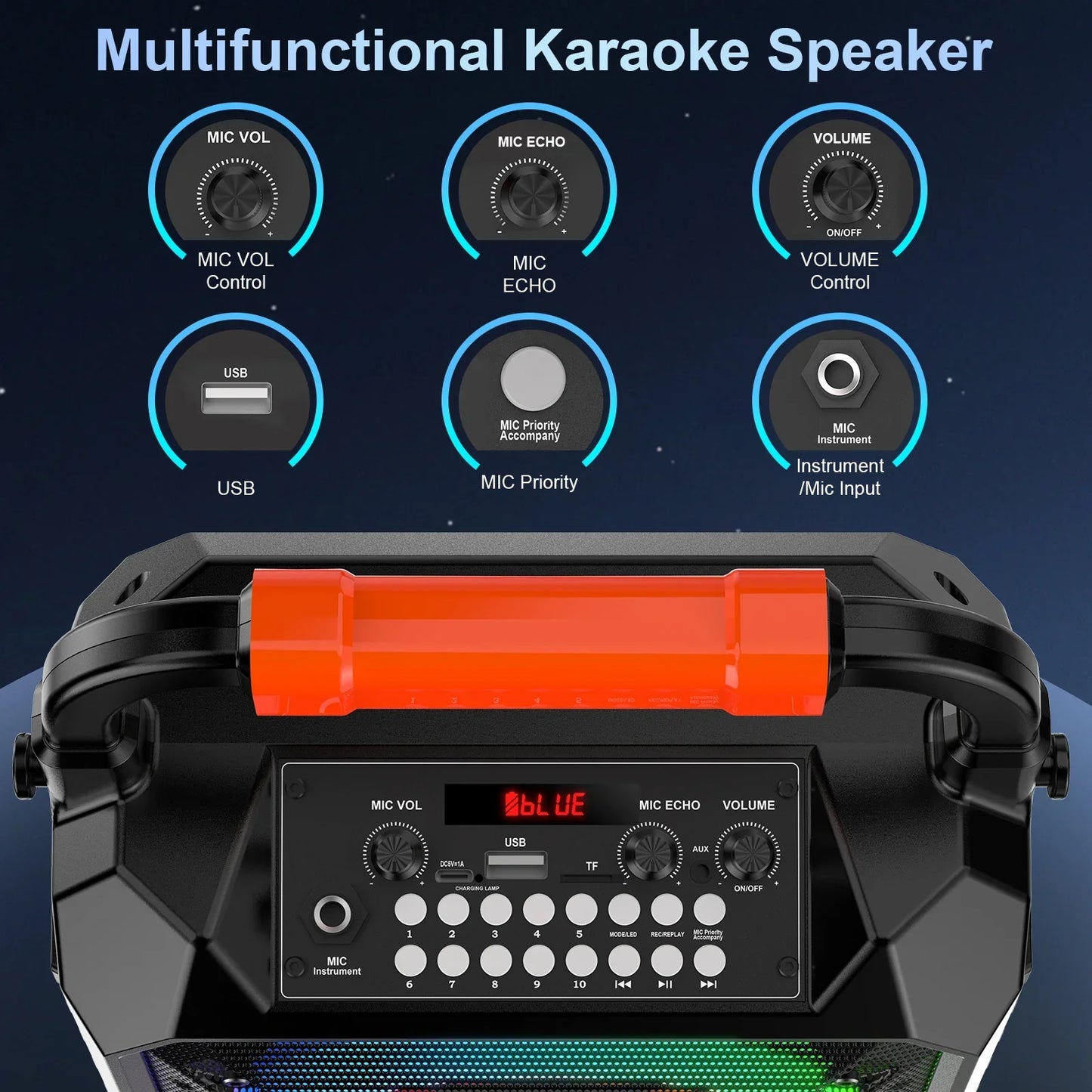 Black and orange karaoke machine with digital display showing blue and two wireless microphones portable speaker with LED lights