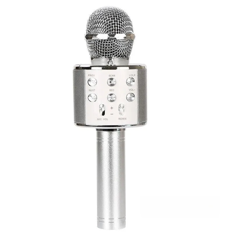 Silver wireless handheld kareoke microphone 5-in-1 with mesh grille and control buttons for birthday party singing