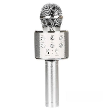 Silver wireless handheld kareoke microphone 5-in-1 with mesh grille and control buttons for birthday party singing