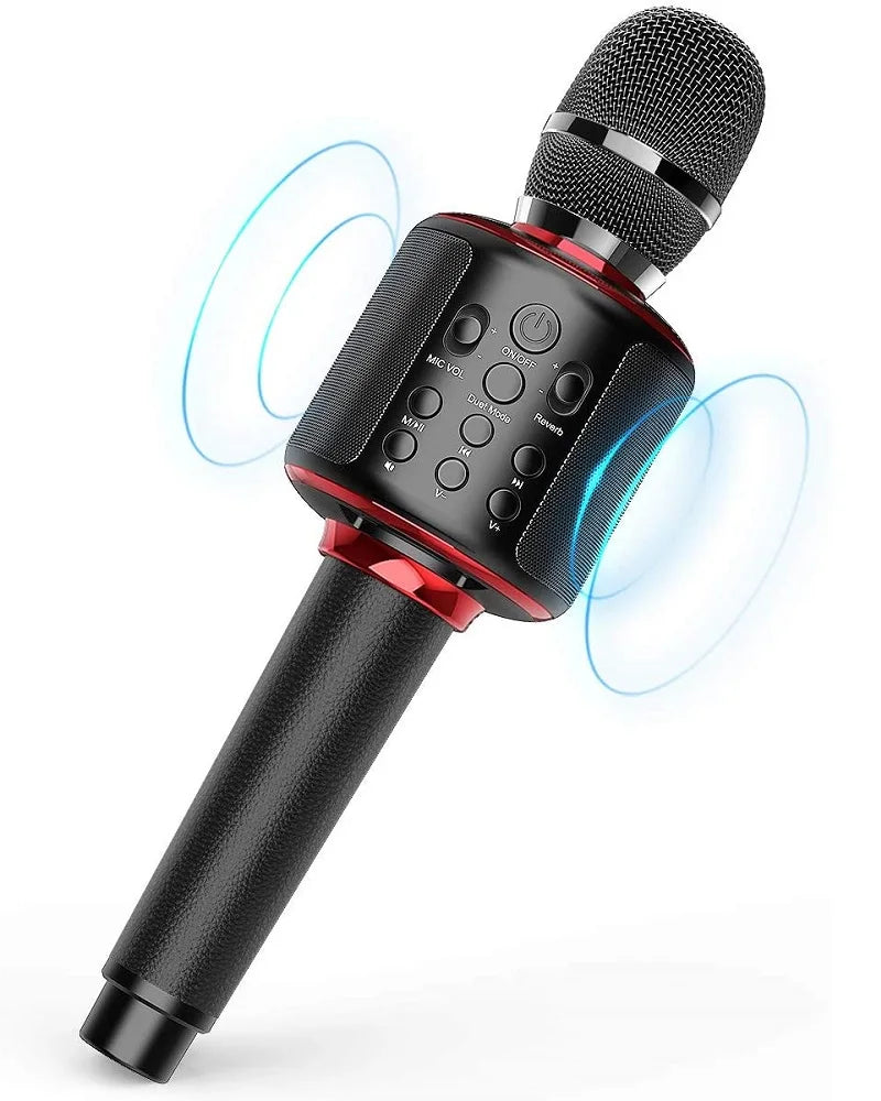 Black and red karaoke microphone bluetooth wireless mic with mesh grille, textured grip, control buttons for duet sing record play reverb