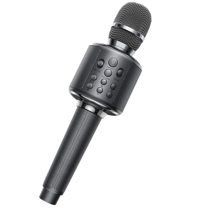 Black wireless karaoke microphone bluetooth with textured grip and silver accents for duet sing record play reverb use
