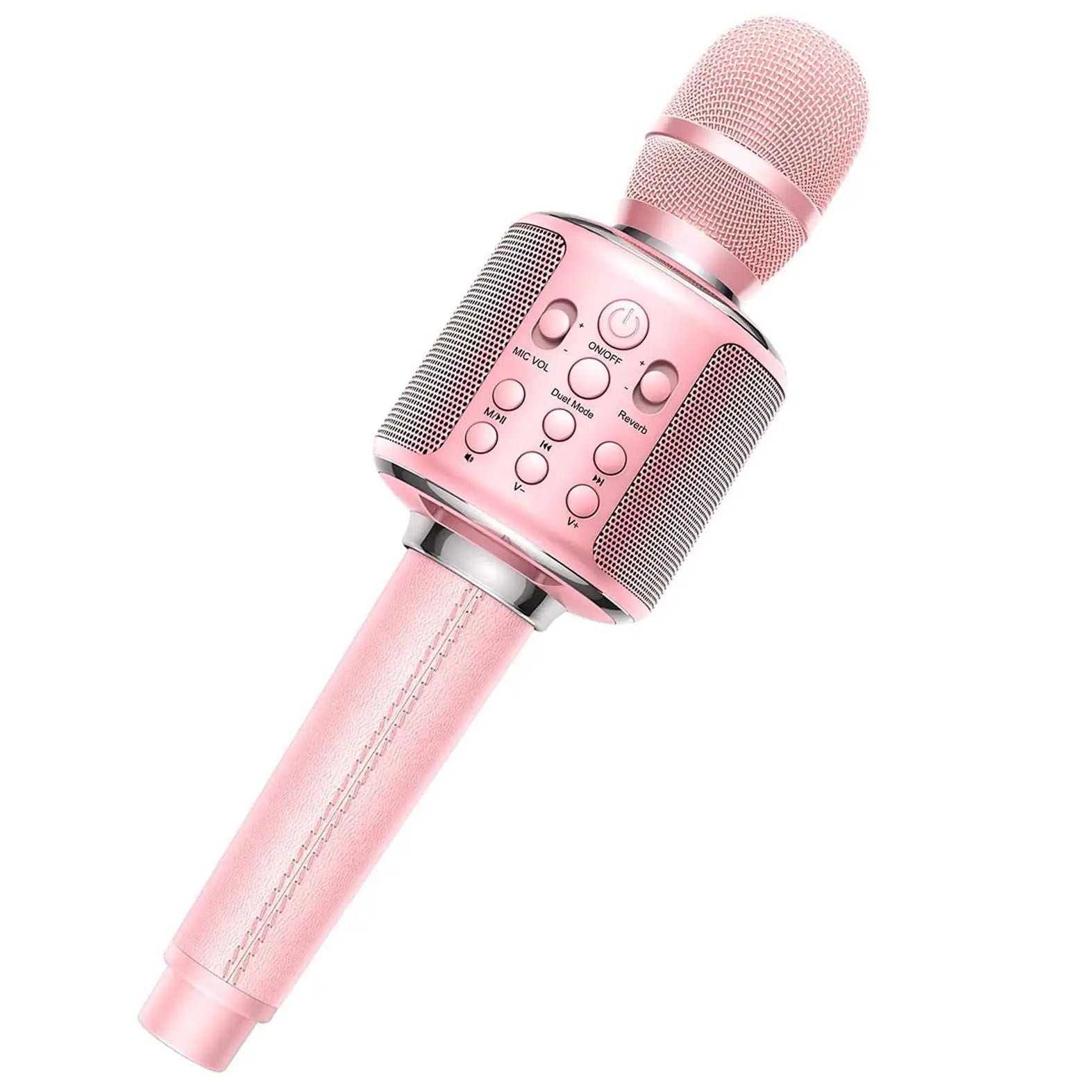 Pink wireless karaoke microphone bluetooth with mesh grille silver buttons textured grip for duet sing record play reverb