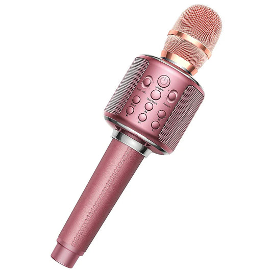 Rose gold karaoke microphone bluetooth wireless mic with mesh grille, textured grip, control buttons for duet sing record play reverb
