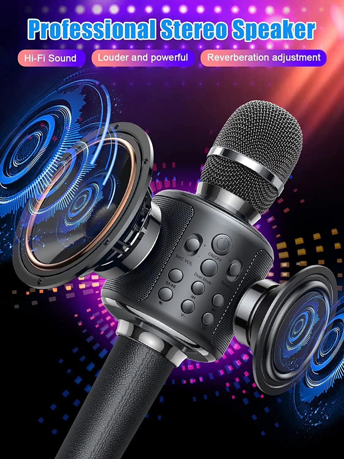 Black karaoke microphone bluetooth wireless mic with built-in stereo speaker and control buttons for duet sing record play reverb