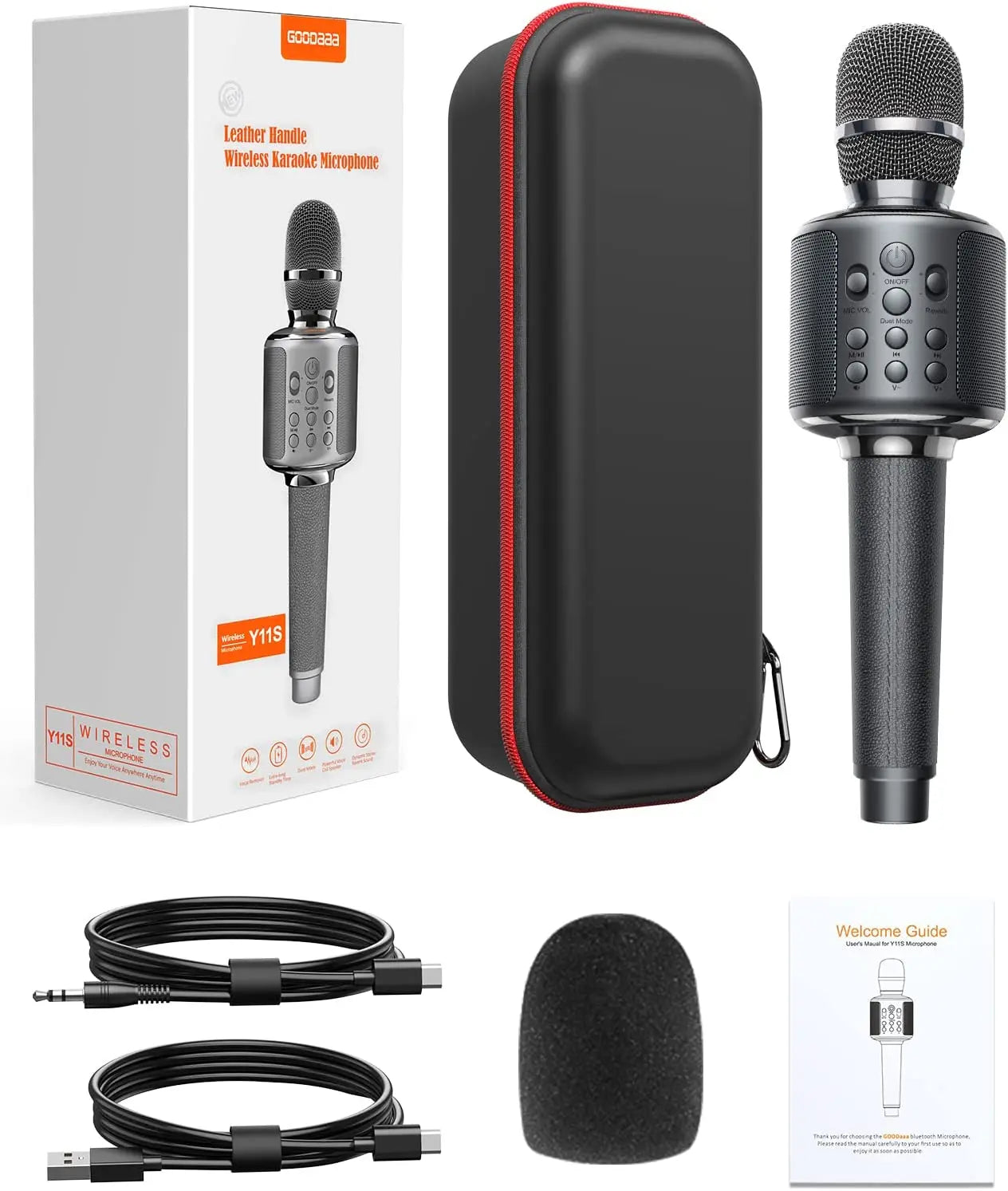 Black wireless karaoke microphone bluetooth with silver accents textured grip for duet sing record play reverb home use