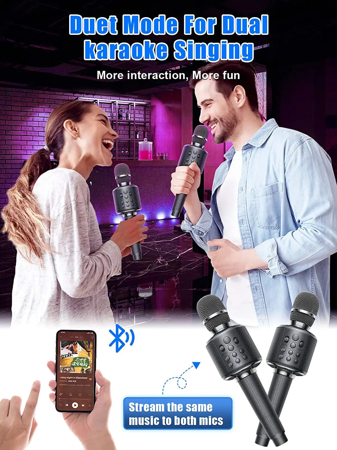 Black wireless karaoke microphone bluetooth with textured grip and button controls for duet sing record play reverb functions