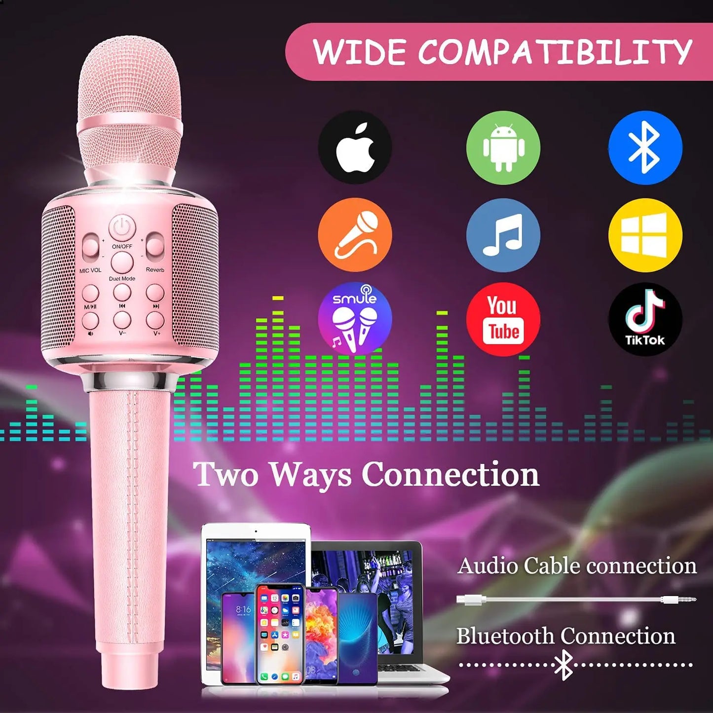 Pink wireless karaoke microphone bluetooth with mesh grille and control buttons for duet sing record play reverb functions