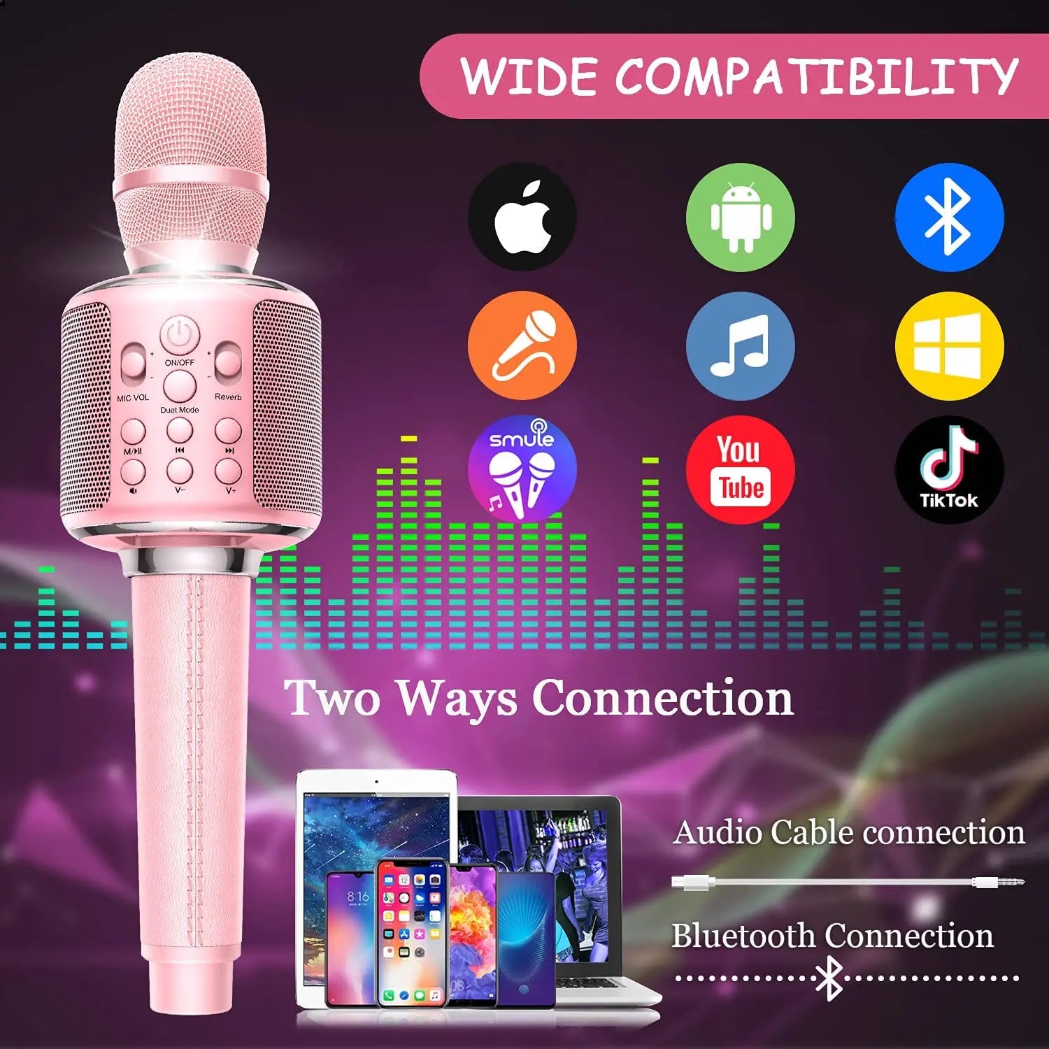 Pink wireless karaoke microphone bluetooth with mesh grille and control buttons for duet sing record play reverb functions