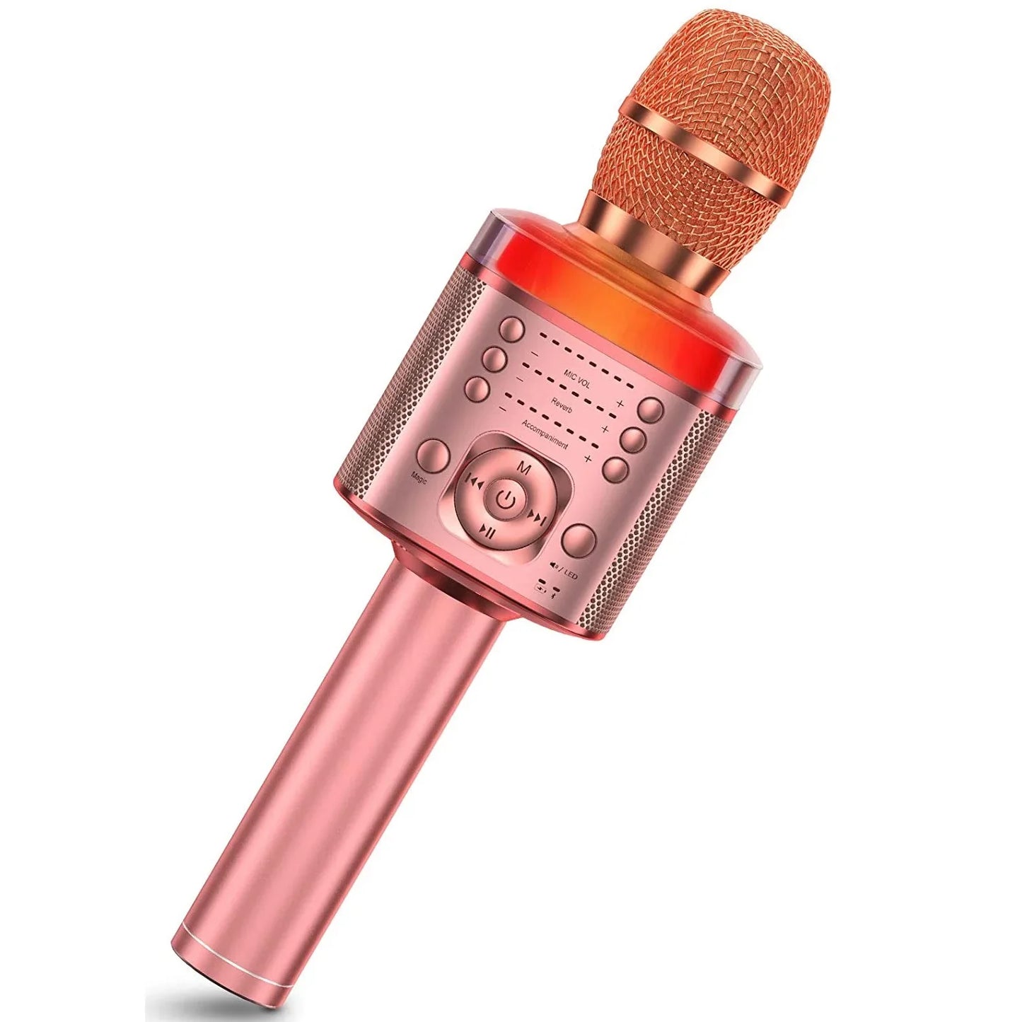 Rose gold wireless karaoke microphone with mesh grille control buttons featuring magic sound led for home ktv party use
