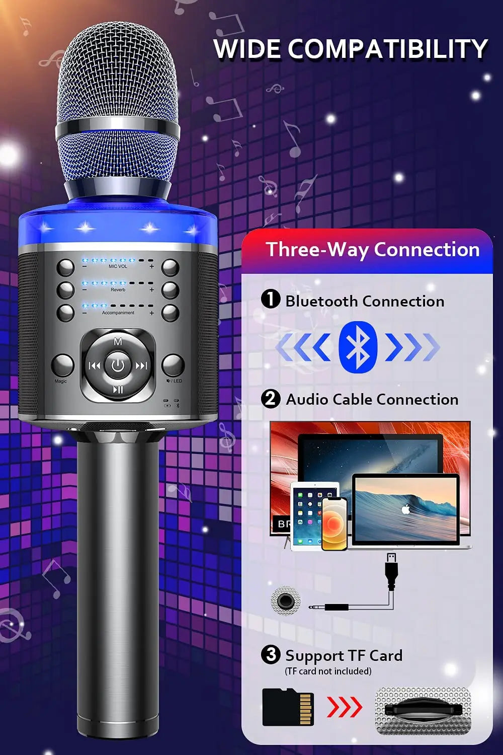 Blue and silver wireless karaoke microphone with magic sound led light and built-in speaker for home ktv party and portable singing machine