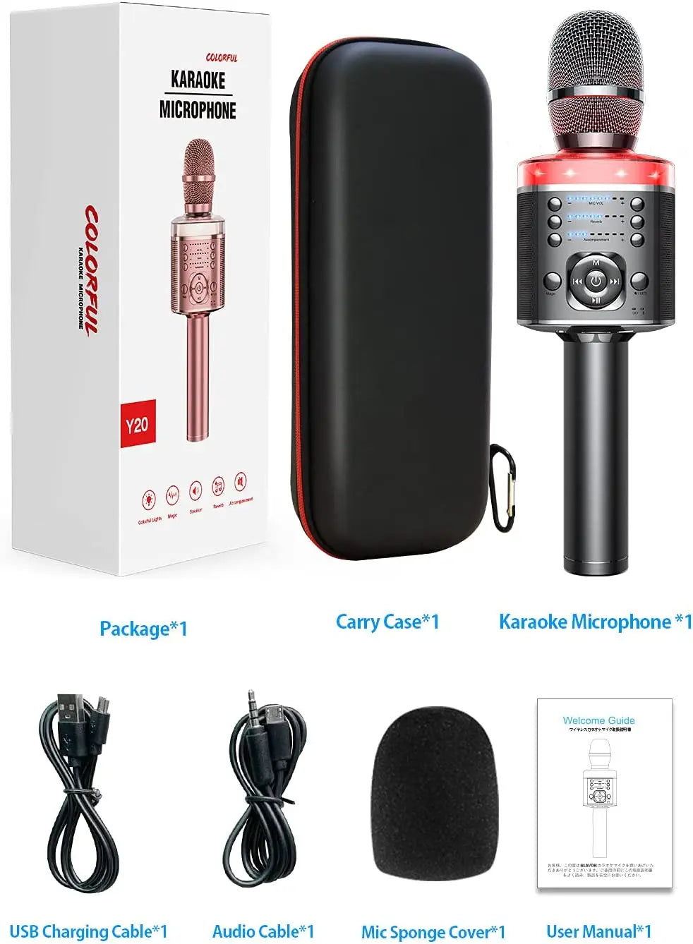 The colorful y20 karaoke microphone features a rose gold and black design with magic sound led for home ktv party use