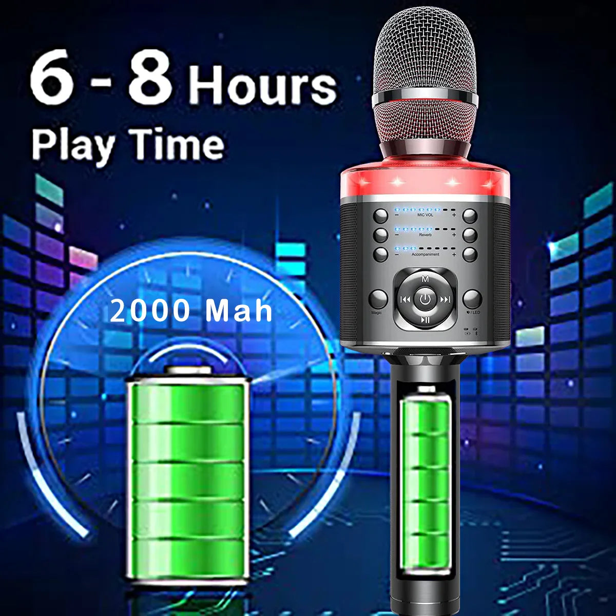 Red and black wireless karaoke microphone with mesh grille control buttons and magic sound led for home ktv party