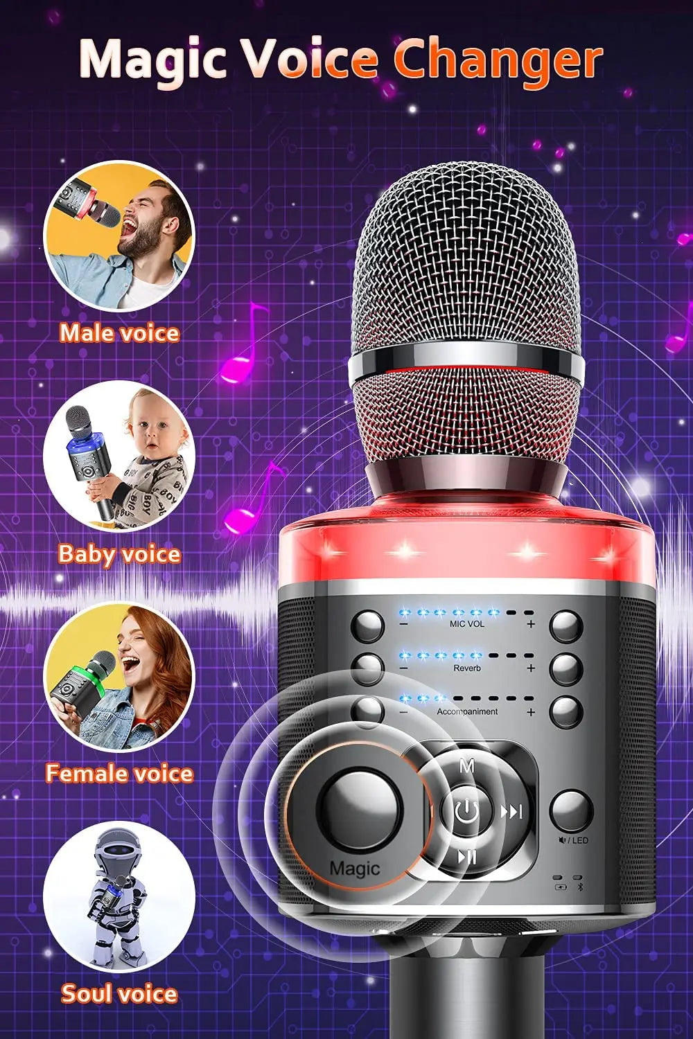 Red and silver wireless karaoke microphone with built-in speaker magic sound led for portable singing machine home ktv party