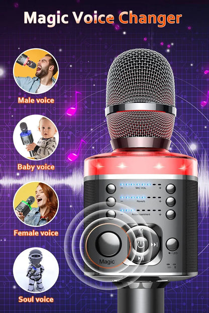 Red and silver wireless karaoke microphone with built-in speaker magic sound led for portable singing machine home ktv party