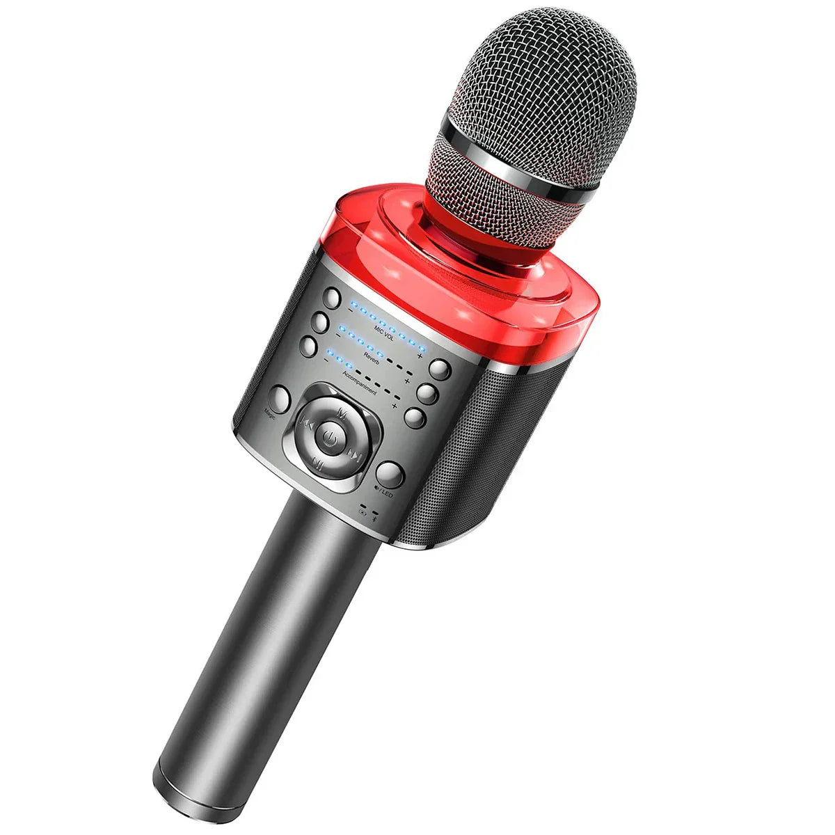 Red and silver wireless karaoke microphone with mesh grille control buttons speaker grill for home ktv party portable singing machine with magic sound led