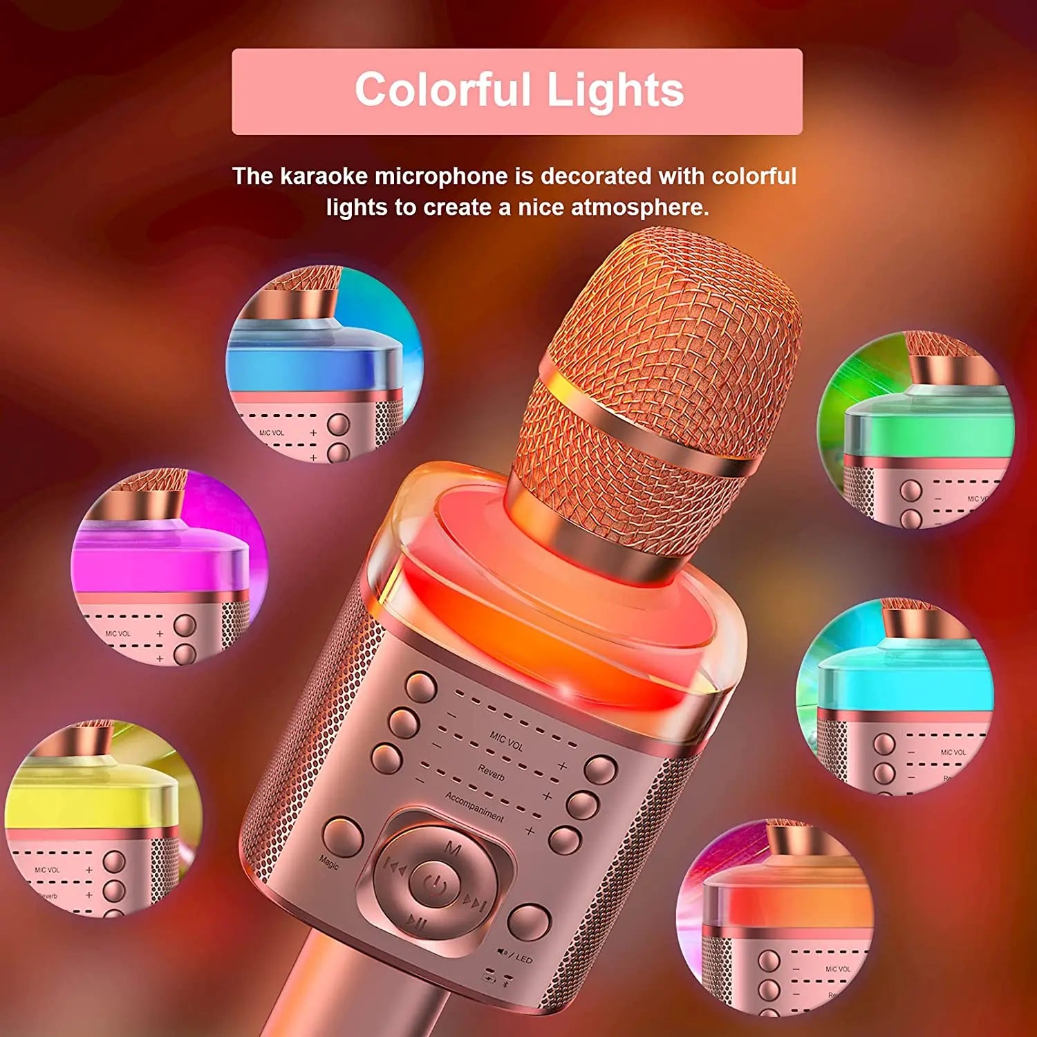 Rose gold karaoke microphone with mesh grille and magic sound led lights for portable singing machine home ktv party use