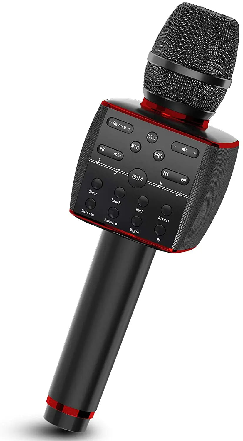 Black and red wireless karaoke microphone bluetooth with textured grille, control buttons, and integrated speaker for home ktv party