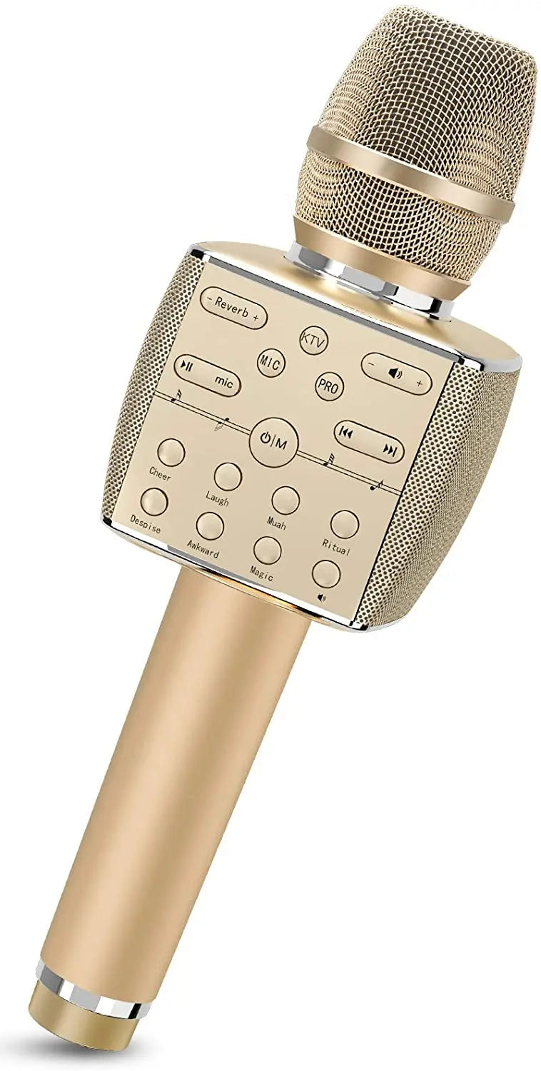 Gold-colored wireless karaoke microphone bluetooth with mesh grille and control panel for home ktv party use