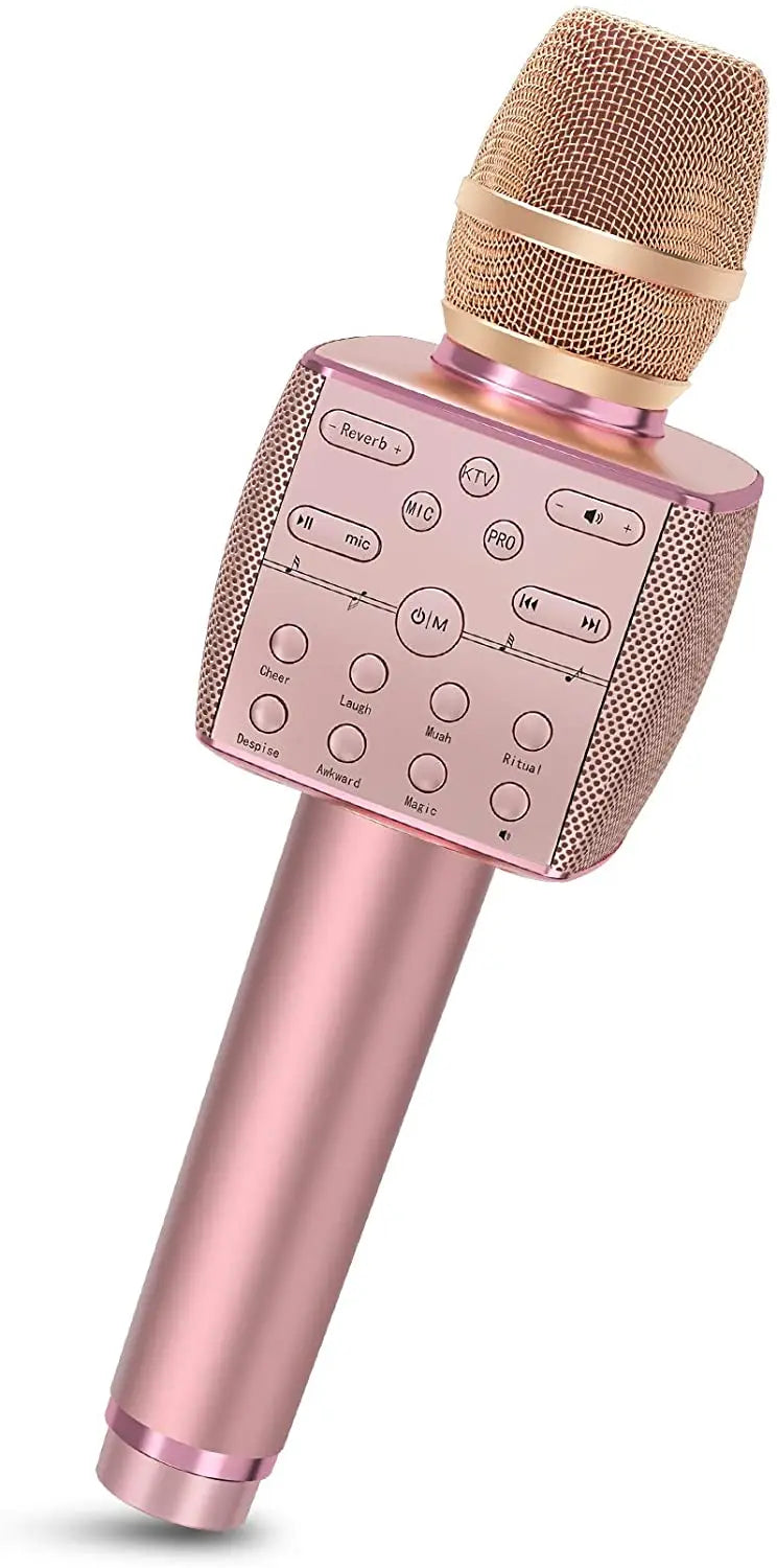 Rose gold wireless karaoke microphone bluetooth with mesh grille and control buttons for home ktv party use