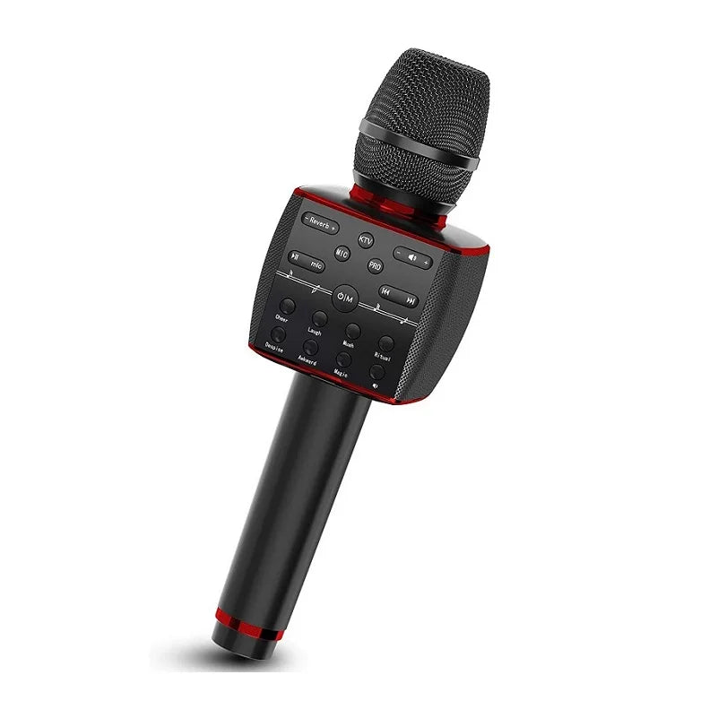 Black and red wireless karaoke microphone bluetooth with mesh grille control buttons and speaker grill for home ktv party