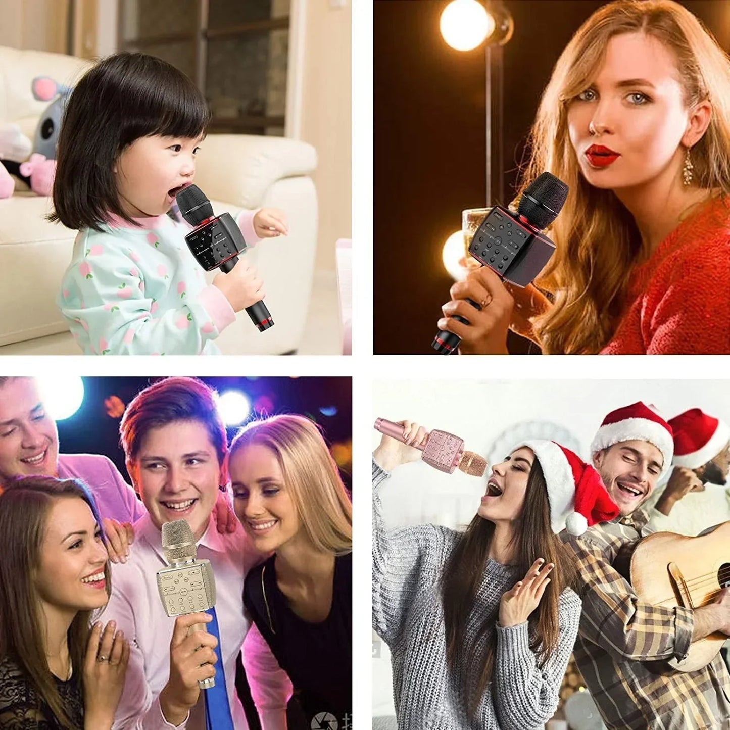 Black and rose gold wireless karaoke microphone bluetooth with built-in speaker and control buttons for home ktv party