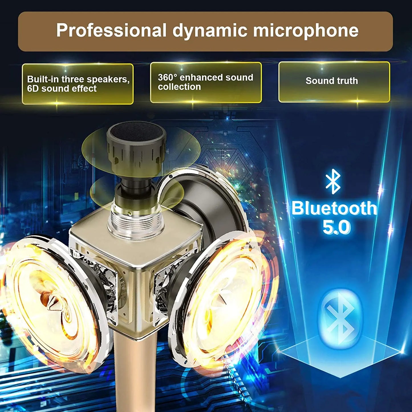 Professional dynamic karaoke microphone bluetooth with metallic finish, three speakers, and portable singing machine for home ktv party