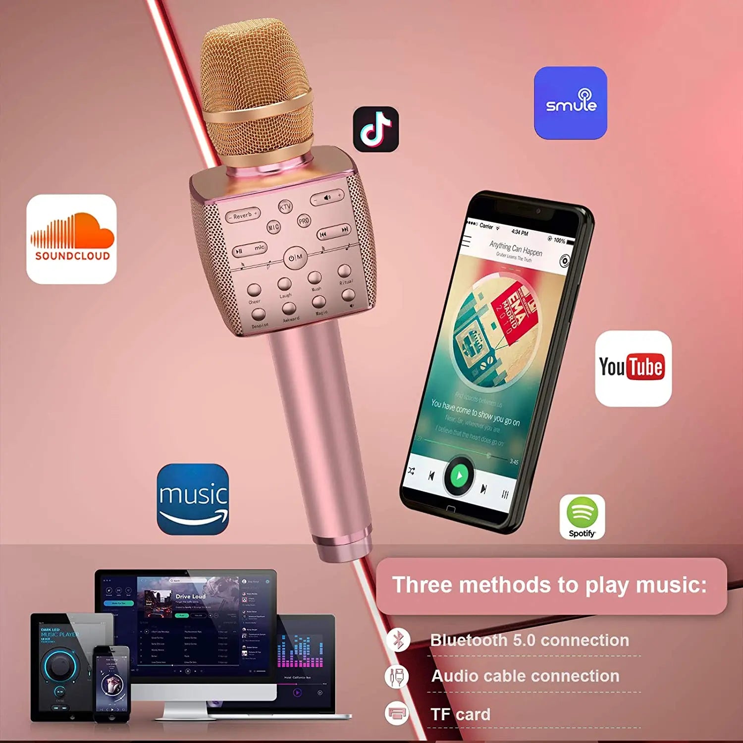 Rose gold wireless karaoke microphone bluetooth with mesh grille and control buttons for home ktv party use