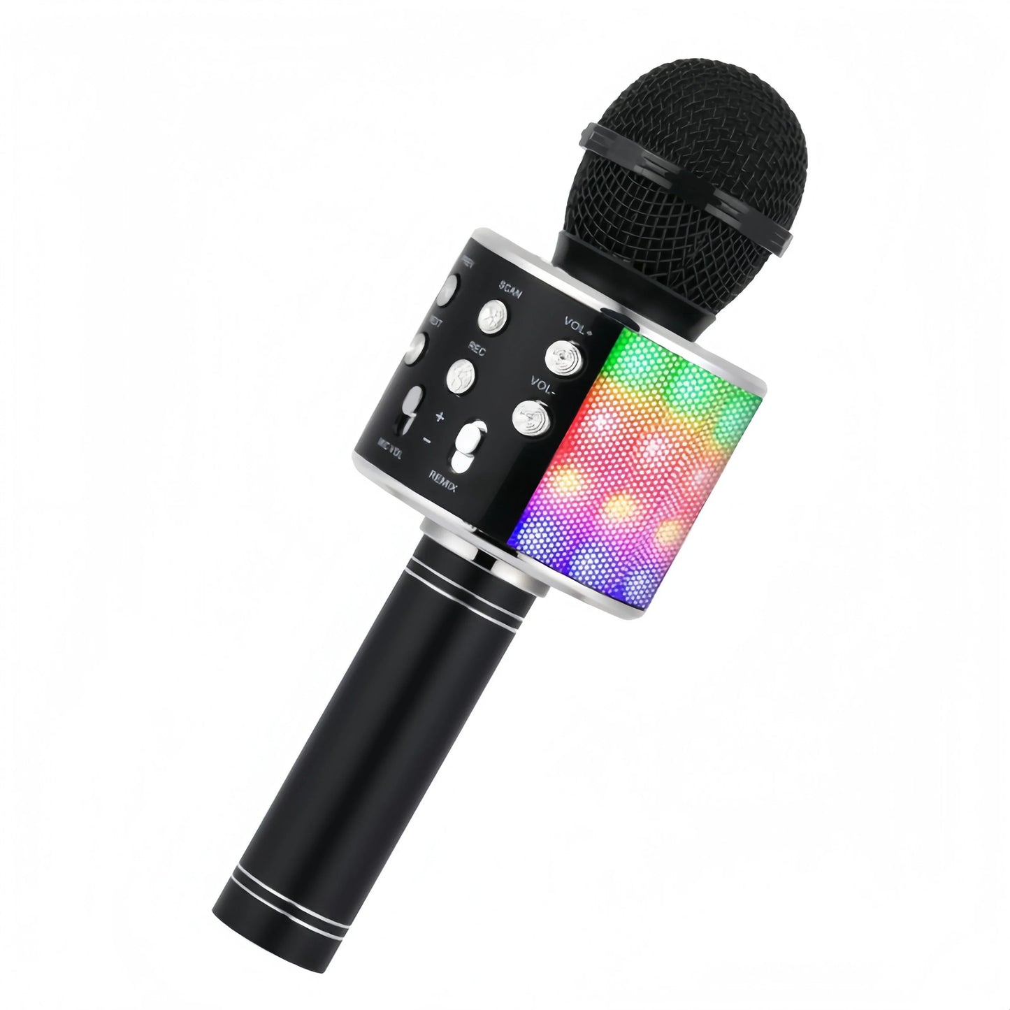 Black wireless karaoke microphone with disco lights built-in speaker and silver trim for kids and adults bluetooth mic singing