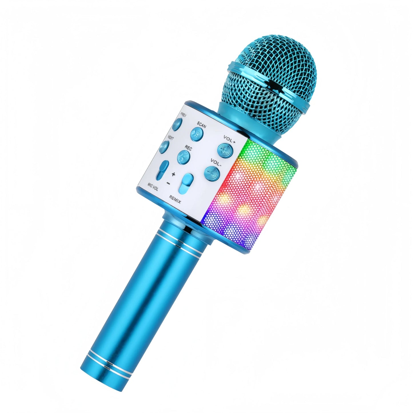 Blue wireless karaoke microphone with mesh grille bluetooth mic singing and disco lights built-in speaker for parties