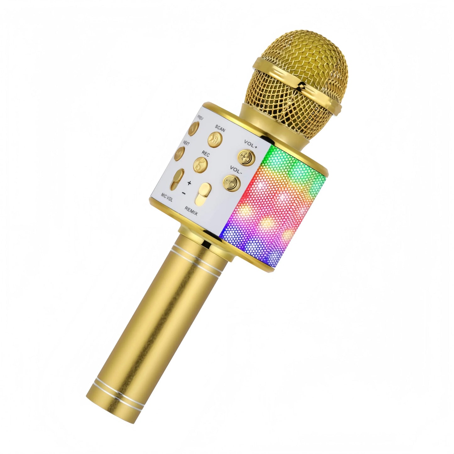 Gold-colored wireless karaoke microphone with bluetooth mic singing feature disco lights built-in and lights built-in speaker panel