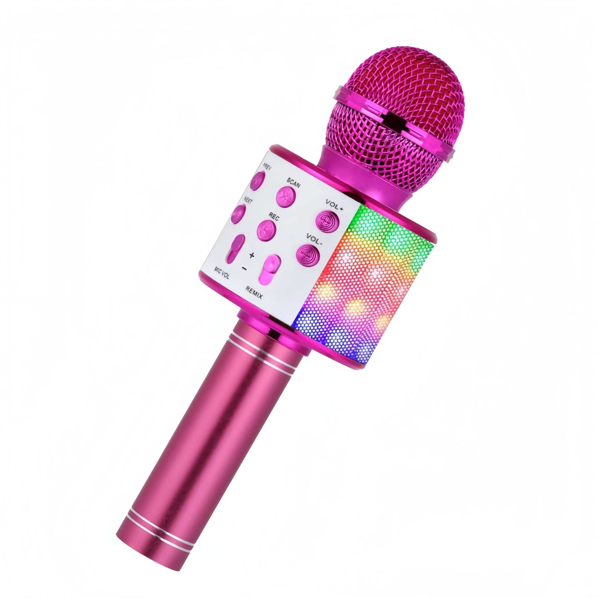 Pink wireless karaoke bluetooth mic singing with mesh grille disco lights built-in and lights built-in speaker for parties