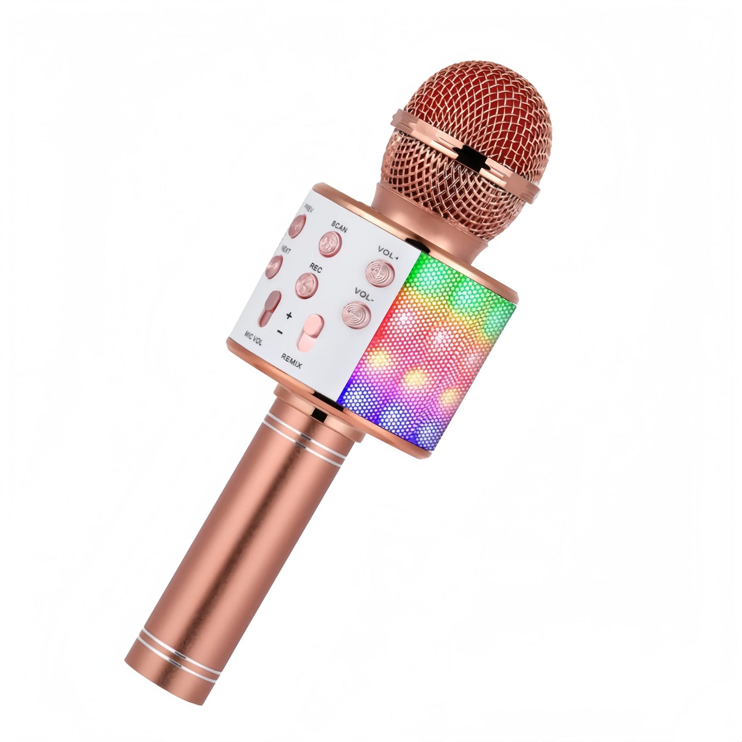 Rose gold wireless karaoke microphone with mesh grille, colorful led disco lights built-in speaker for bluetooth mic singing