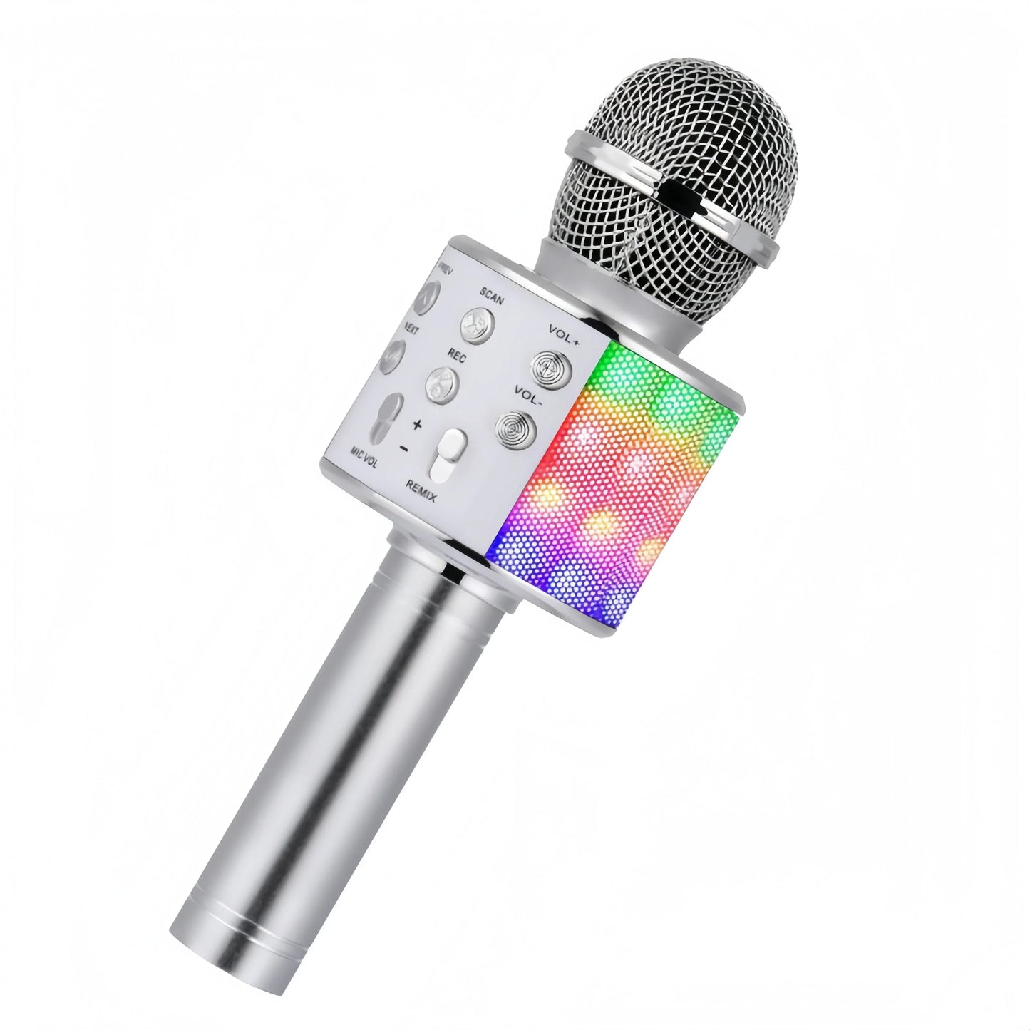 Silver bluetooth mic singing karaoke microphone with mesh grille, disco lights built-in, and lights built-in speaker controls