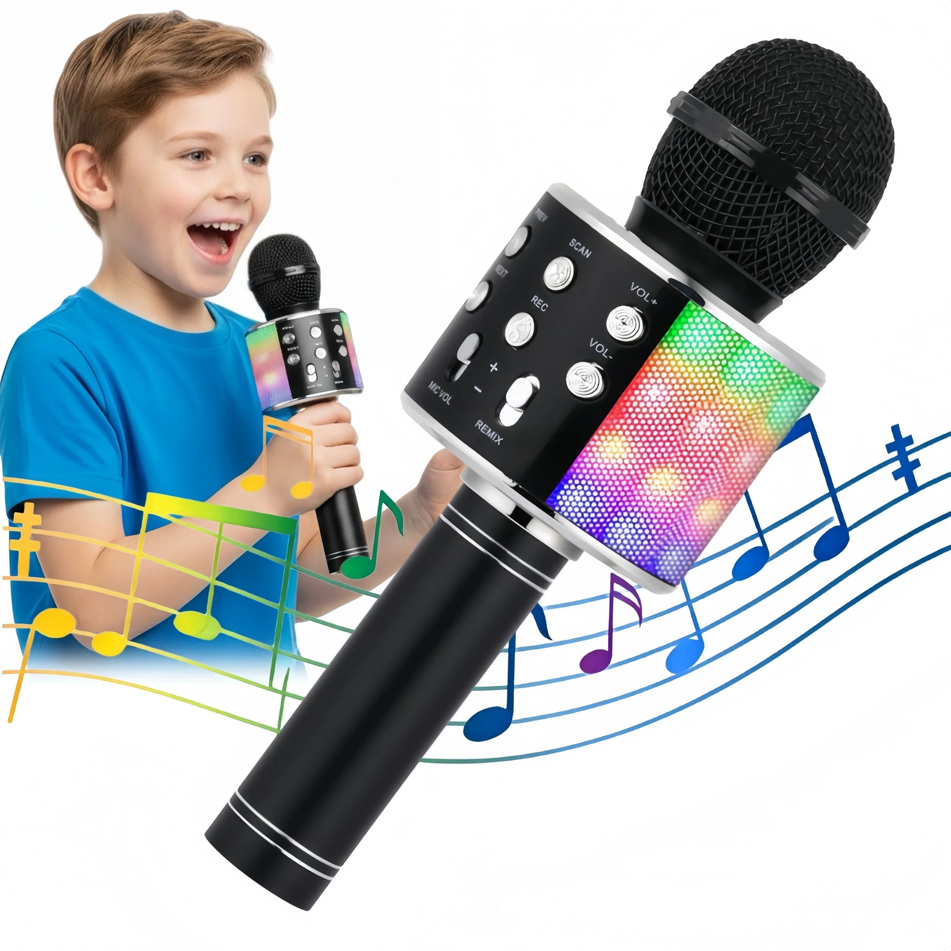 Black wireless karaoke microphone with silver accents featuring disco lights built-in speaker for bluetooth mic singing parties