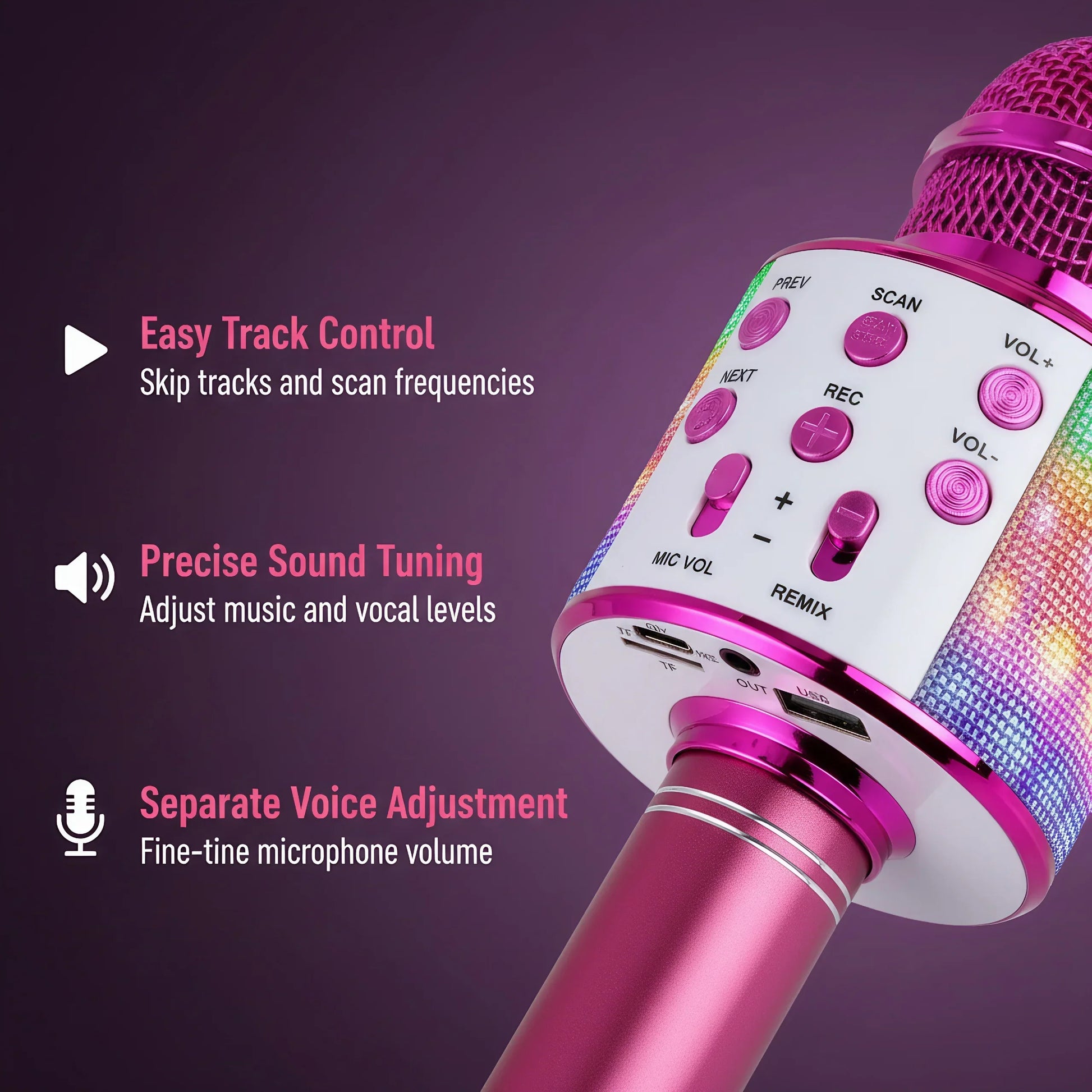Pink and white bluetooth mic singing karaoke microphone with glittering rainbow disco lights built-in speaker for parties