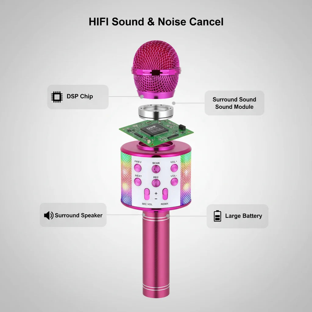 Pink bluetooth mic singing karaoke microphone with disco lights built-in speaker and metallic finish for parties