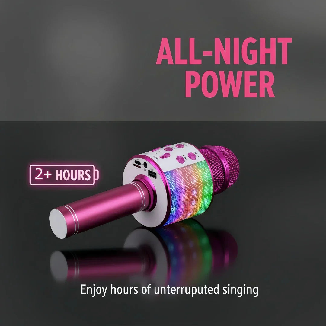 A vibrant pink bluetooth mic singing karaoke microphone with disco lights built-in and mesh grille for parties