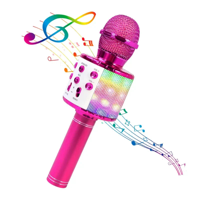 Vibrant pink karaoke microphone with mesh grille, colorful disco lights, echo effect, and bluetooth microphones singing controls